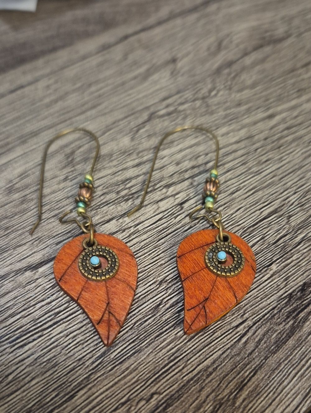 Orange Leaf Earrings with Turquoise Accent